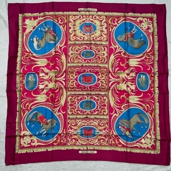 Hermes 100% Silk Scarf “LA PRESENTATIONS” Purple Knight Carriage Carre 90 - Picture 15 of 15